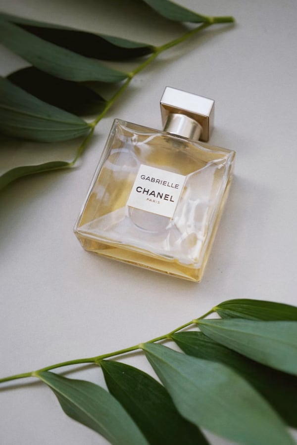 Chanel perfume bottle near some exotic leaves